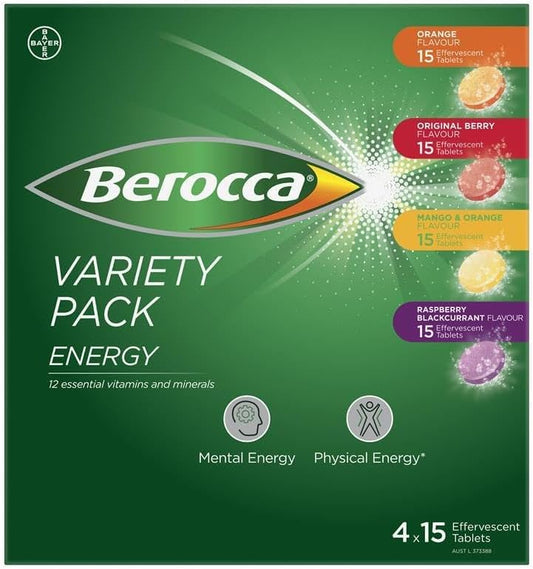 Berocca Energy Variety 60 Effervescent Tablets (4 x 15 Variety Pack) Exclusive Pack