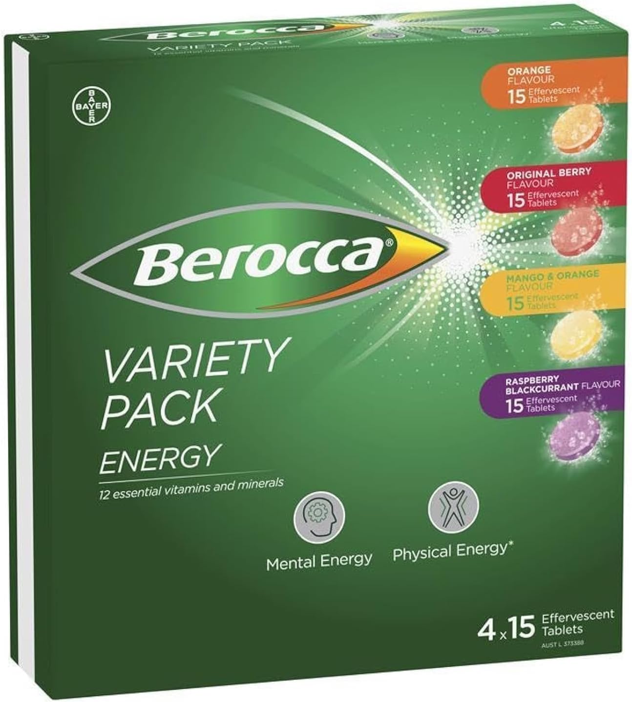 Berocca Energy Variety 60 Effervescent Tablets (4 x 15 Variety Pack) Exclusive Pack